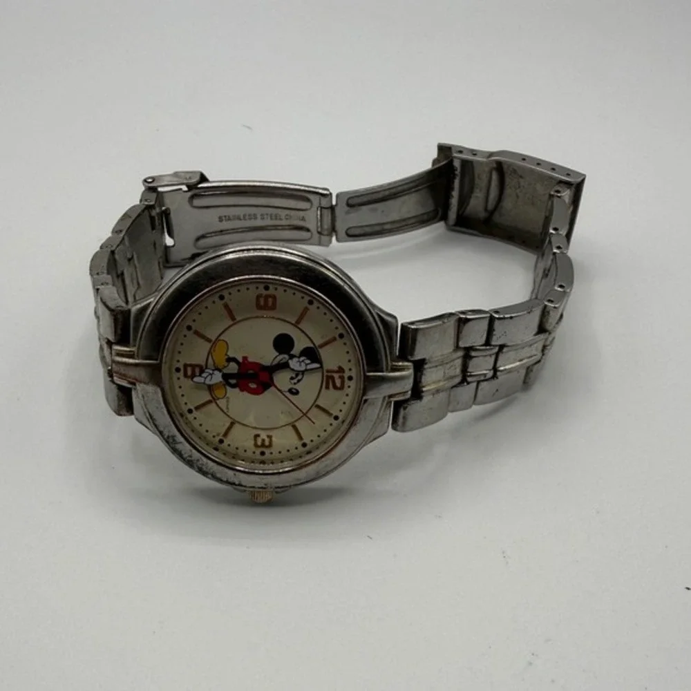 VTG Disney Mickey Mouse‎ Black Silver Watch Men Stainless Steel Band Classic